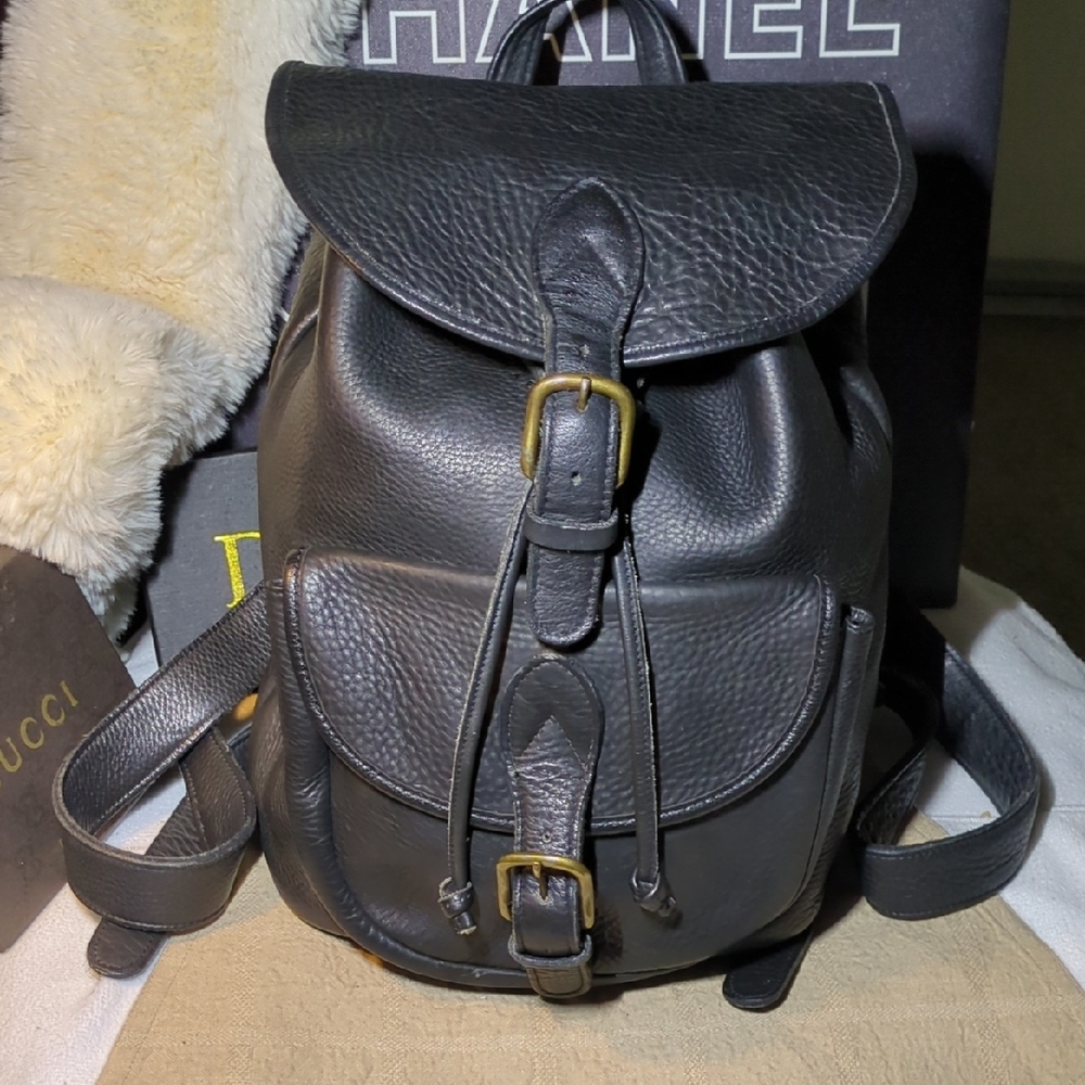Black Leather Drawstring Backpack with Buckle Detail
